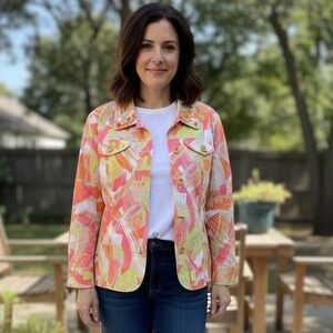 Take 50% Ruby Rd. Multicolor Abstract Jean Jacket, Size-14